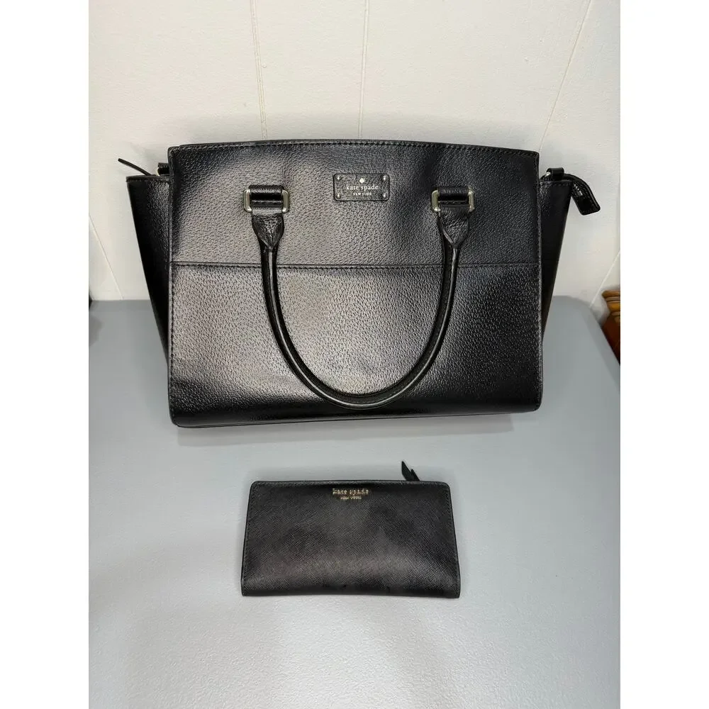 Kate Spade Lana Grove Satchel Purse Handbag Wallet Set Black Genuine Leather
